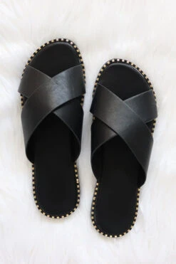 X Cross Band Gold Trim Sandals Slides-Black