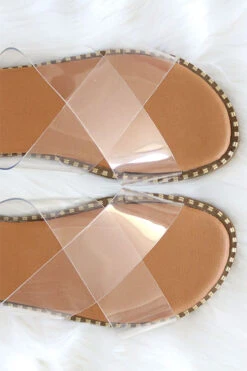 FLASH DEAL: X Cross Band Gold Trim Sandals Slides-Clear (Size 8.5) -Outlet Shiny Steps Store micah 6 clear2