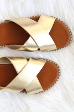 X Cross Band Gold Trim Sandals Slides-Gold -Outlet Shiny Steps Store micah 6 gold2