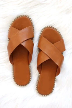 X Cross Band Gold Trim Sandals Slides-Tan Brown