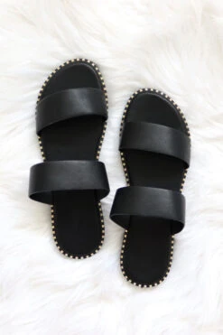 FLASH DEAL: Double Band Gold Trim Sandals Slides-Black (Size 6, 6.5, 7)