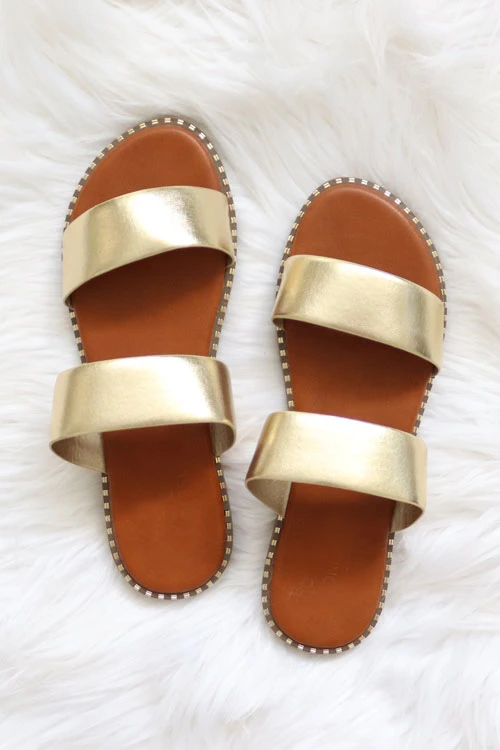 Double Band Gold Trim Sandals Slides-Gold 1 Double Band Gold Trim Sandals Slides-Gold
