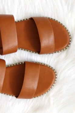 Double Band Gold Trim Sandals Slides-Tan Brown -Outlet Shiny Steps Store micah 7 tan2