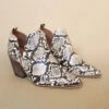 Ankle Slit Side Cutout Closed Toe Booties With Block Heel-Brown Python Snake Print