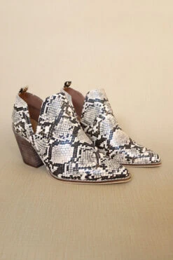 Ankle Slit Side Cutout Closed Toe Booties With Block Heel-Brown Python Snake Print