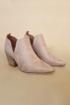 Ankle Slit Side Cutout Closed Toe Booties With Block Heel-Taupe