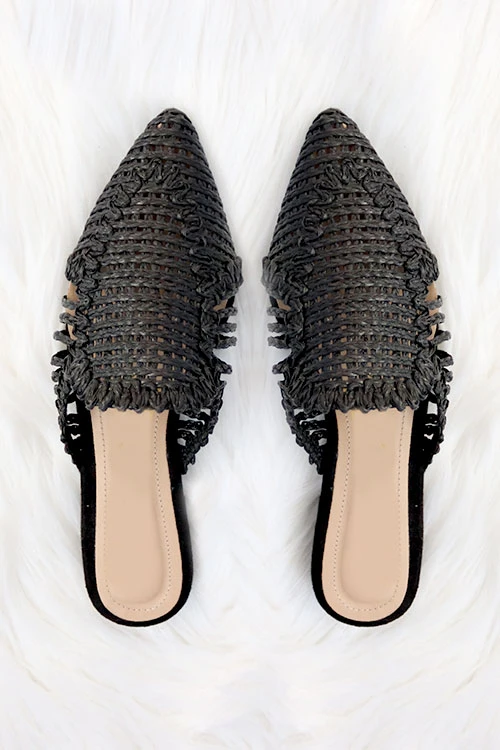 Raffia Pointy Toe Closed Toe Flat Mules Sandals Slides-Black 1 Raffia Pointy Toe Closed Toe Flat Mules Sandals Slides-Black