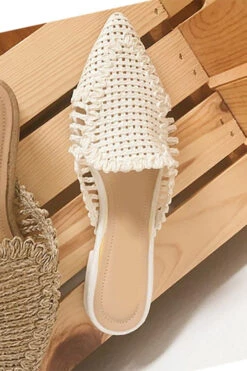 Raffia Pointy Toe Closed Toe Flat Mules Sandals Slides-White -Outlet Shiny Steps Store monaco white3