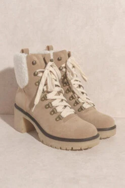 New Release 19 Chunky Heel Sherpa Lug Sole Military Boots-Khaki Brown
