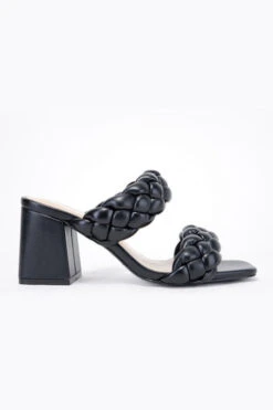 Braided Woven Two Strap Chunky Heels-Black