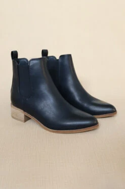 Faux Leather Chelsea Ankle Booties With Low Wooden Heel-Black