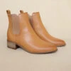 Faux Leather Chelsea Ankle Booties With Low Wooden Heel-Camel Brown