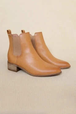 Faux Leather Chelsea Ankle Booties With Low Wooden Heel-Camel Brown