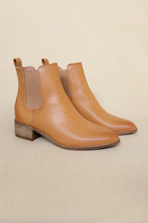 Faux Leather Chelsea Ankle Booties With Low Wooden Heel-Camel Brown 1 Faux Leather Chelsea Ankle Booties With Low Wooden Heel-Camel Brown