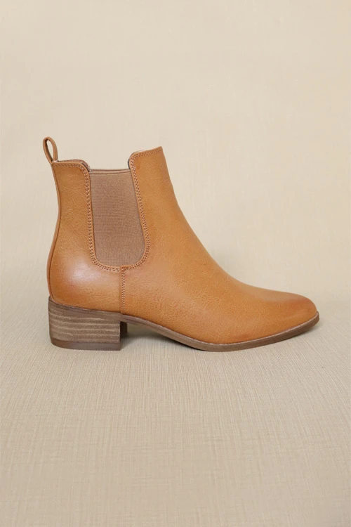 Faux Leather Chelsea Ankle Booties With Low Wooden Heel-Camel Brown 2 Faux Leather Chelsea Ankle Booties With Low Wooden Heel-Camel Brown - Image 2