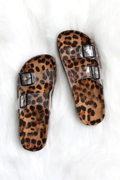 Outlet Shiny Steps Store 30 FLASH DEAL: Clear Double Strap Buckle Sandals With Animal Print Sole-Leopard Print (Size 7, 7.5)