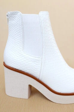 Faux Leather Croc Print Textured Platform Booties-White -Outlet Shiny Steps Store platform booties white3