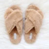 X Cross Band Cozy Fur Slippers Slides-Camel Brown