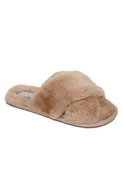 X Cross Band Cozy Fur Slippers Slides-Camel Brown -Outlet Shiny Steps Store pop 2 camel2