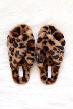 X Cross Band Cozy Fur Slippers Slides-Leopard Print