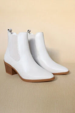 Faux Leather Low Heel Chelsea Booties-Beige Off White