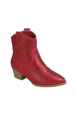 KIDS Girls Rhinestone Cowgirl Western Booties Cowboy Boots-Red (Kids Size)