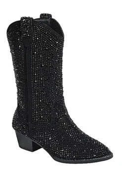 Tall Rhinestone Cowgirl Western Booties Cowboy Boots-Black