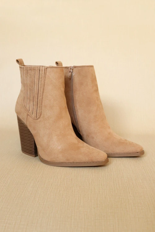 Faux Suede Pointy Toe Closed Toe Block Heel Ankle Booties-Tan Brown 1 Faux Suede Pointy Toe Closed Toe Block Heel Ankle Booties-Tan Brown