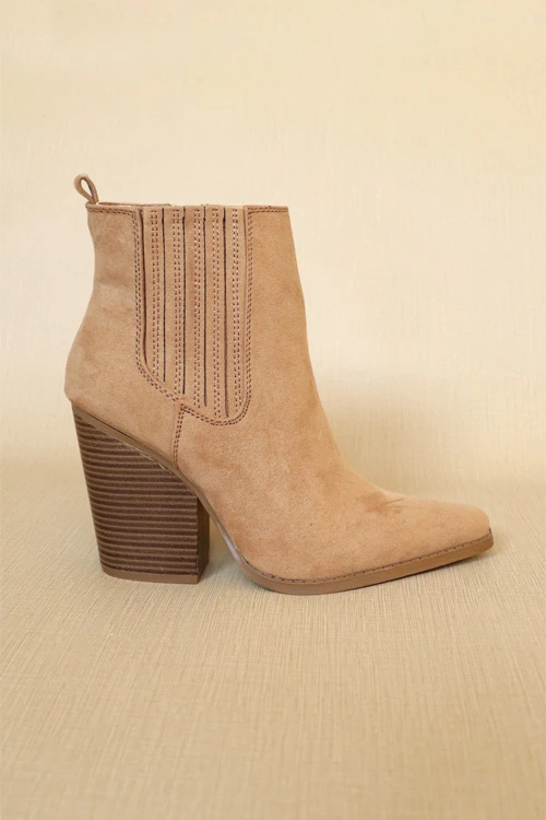 Faux Suede Pointy Toe Closed Toe Block Heel Ankle Booties-Tan Brown 2 Faux Suede Pointy Toe Closed Toe Block Heel Ankle Booties-Tan Brown - Image 2