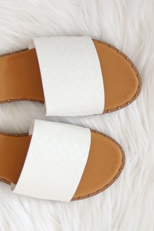 Woven Single Band Sandals Slides With Studded Trim-White 2 Woven Single Band Sandals Slides With Studded Trim-White - Image 2