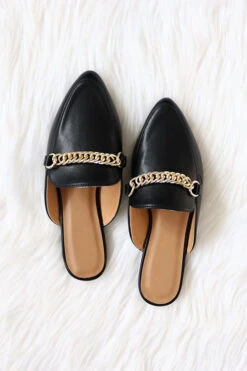 Chain Faux Leather Pointy Toe Closed Toe Flat Mules Slides-Black