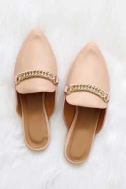 Outlet Shiny Steps Store 25 Chain Faux Leather Pointy Toe Closed Toe Flat Mules Slides-Taupe