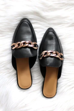 Chunky Chain Faux Leather Pointy Toe Closed Toe Flat Mules Slides-Black