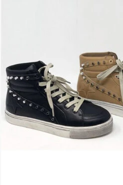 Studded High Top Lace Up Star Sneakers-Black
