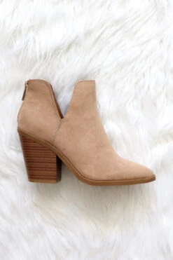 Faux Suede Pointy Toe Side Cutout Booties-Taupe Camel
