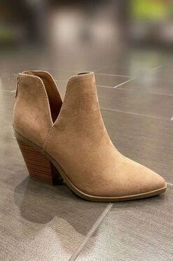 Faux Suede Pointy Toe Side Cutout Booties-Taupe Camel -Outlet Shiny Steps Store upstream 01 camel3