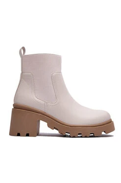 Pull On Lug Sole Chelsea Ankle Boots With Chunky Heel-Beige Off White