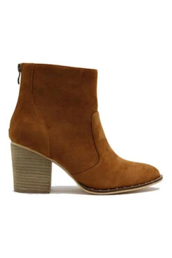 Faux Suede Closed Toe Ankle Booties With Block Heel And Studded Sole-Camel Brown