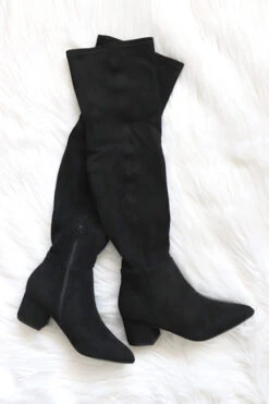 Faux Suede Over The Knee Boots With Low Heel-Black -Outlet Shiny Steps Store wynter 1 black2